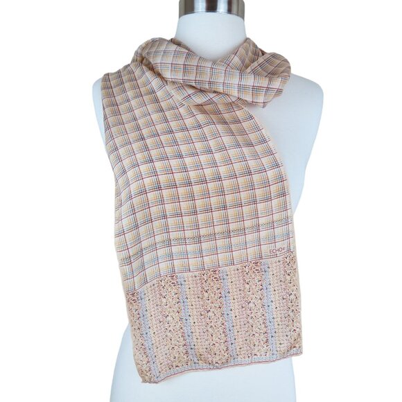 Vintage ECHO Autumnal Long Silk Scarf 57"x9" Muted Plaid Floral Border - Picture 1 of 8